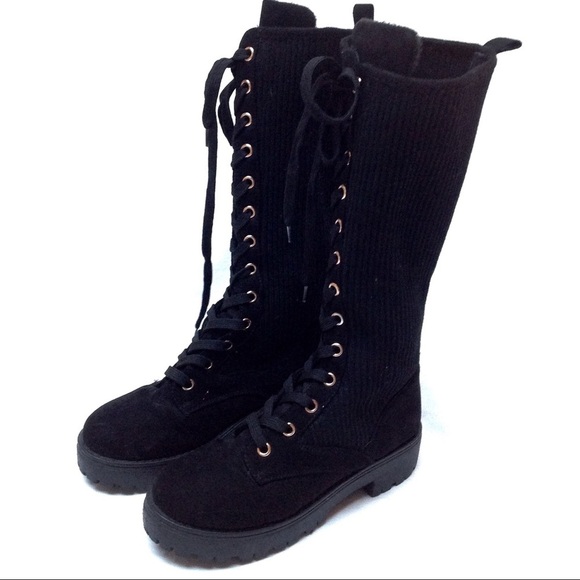 Bamboo Black Chunky Boots Womens 7 Stretchy Knee High Goth Classic Lace Up Y2K - Picture 1 of 10